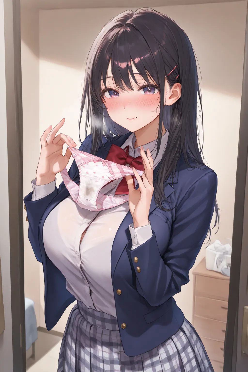 Beautiful Girl、high school girl、blush、blazer uniform、 Gingham Check Pleated Skirt、big breasts outdoors at night、 girly room、chest of drawers、chest of drawersの引き出しが開いている、chest of drawersの中には下着、panties in hand、holding panties with both hands、steam from panti...