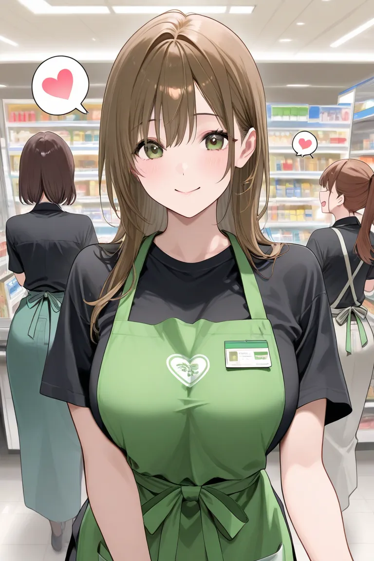  manga 、Convenience store 、Female store clerk、spoken heart、sound effect、part-time job、3girls, black shirt、 black slacks,green brown apron