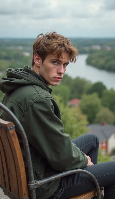 Real Photo, reality, a close portait, a 25 years old guy, light brown hair, short straight hair, pale skin, blue eyes, badass, masculinity, virility, very beautiful guy, the most beautiful guy of the world, ssitting on a wooden and metal chair, on the terr...