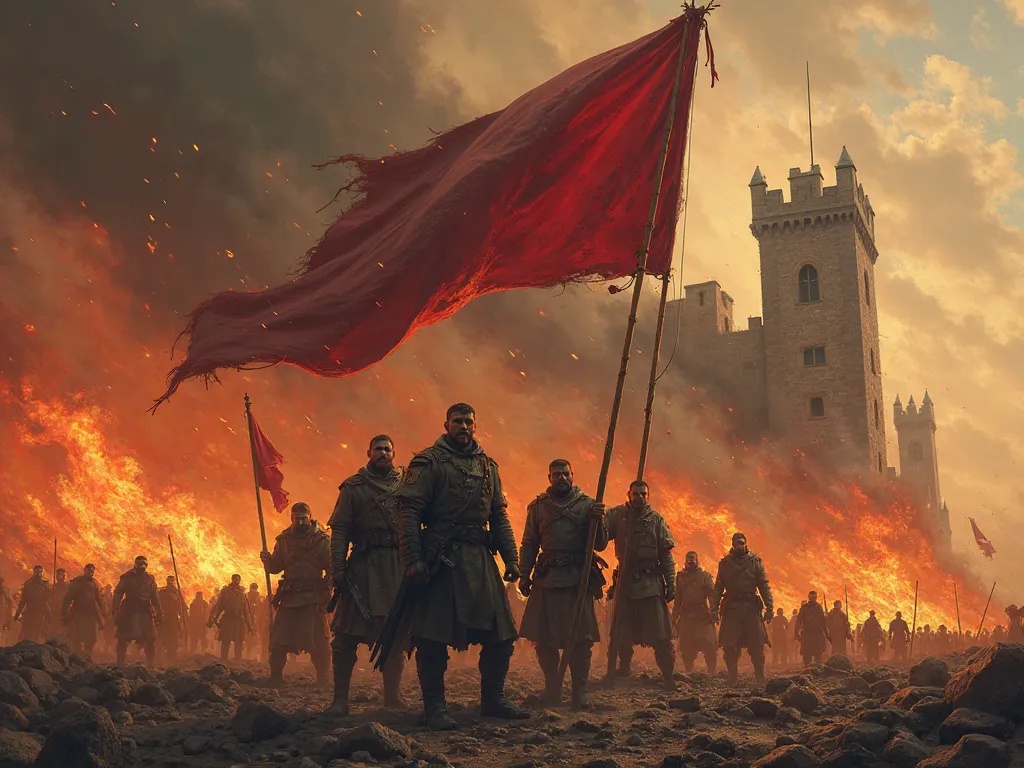 A scene of soldiers holding a flag in front of a burning castle and smoke