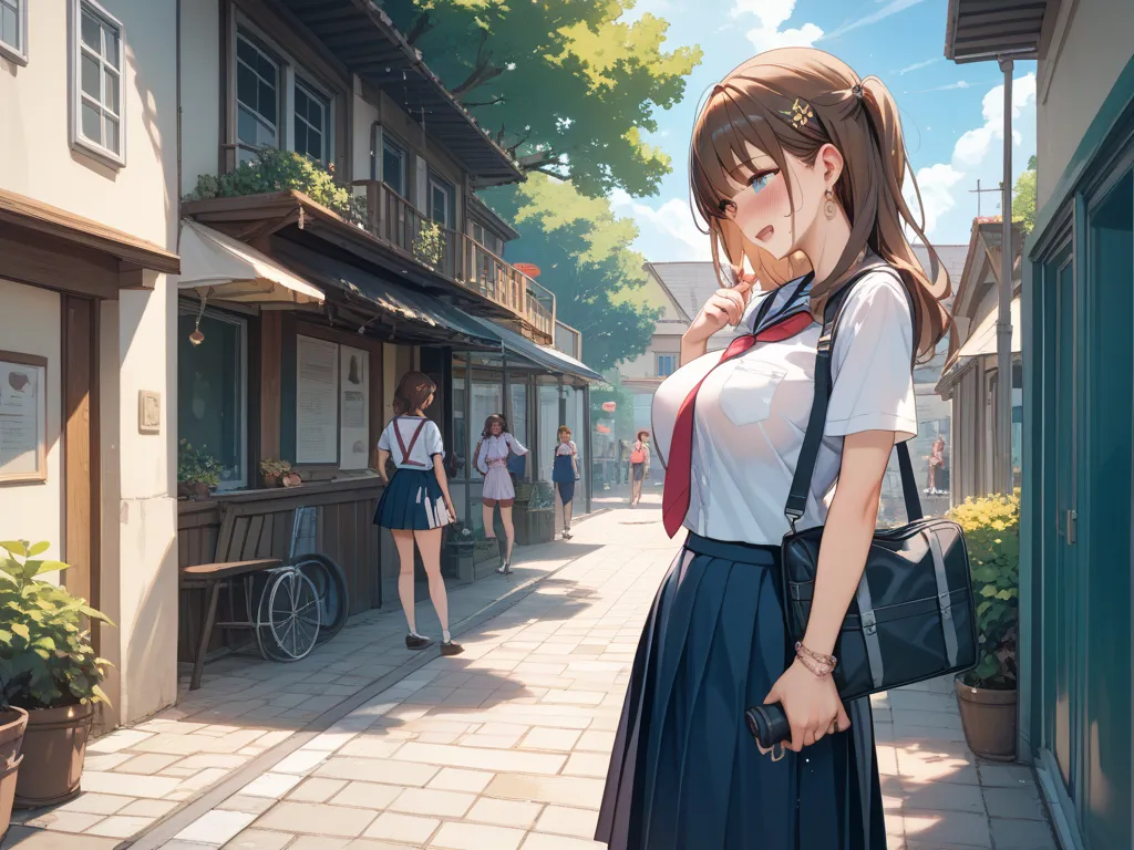 girl a and girl b in school uniforms、Getting Fucked Outdoors、Girl A has blond hair、Girl B has brown hair、character、The girl has a crying expression、masterpiece、Best Quality、uncorrected、Big Breasts、full view of boobs、Girl B masturbates、Girl A stands back、gi...