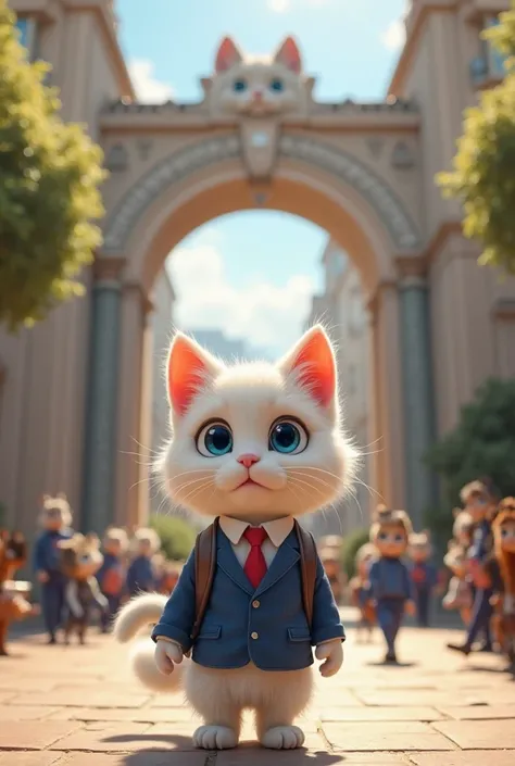 The same small white anthropomorphic cat, Whiskers, with fluffy fur and round deep blue eyes, arrives at the grand feline academy. He wears the same blue blazer, white shirt, and red tie, holding his backpack nervously. The entrance gate is shaped like a g...