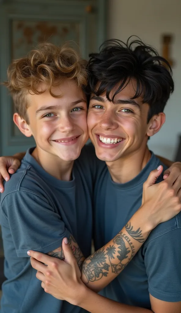  Realistic photo with actors in which a  fair-skinned boy , black hair, green eyes, Mysterious with a blue t-shirt , With zero tattoos he laughs and jokes with his best friend of s quite the opposite, blond,  brown eyes , Sunny ,  all in movie style with r...