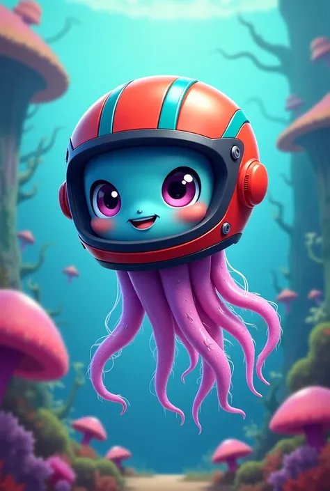 Jellyfish with a motorcycle helmet and for the logo to say Rello’s Jellies cartoon version