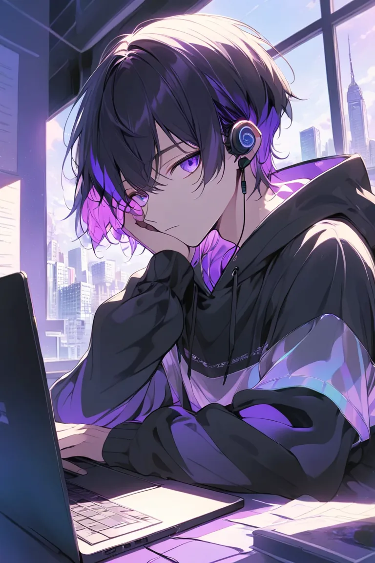 Male, 23 years old, fair skin, sitting at a desk, wearing a dark black hoodie with lilac accents on the hood and sleeves, short dark hair, purple eyes, wearing headphones, typing on a laptop in a room with a window, with a thoughtful expression. Soft light...