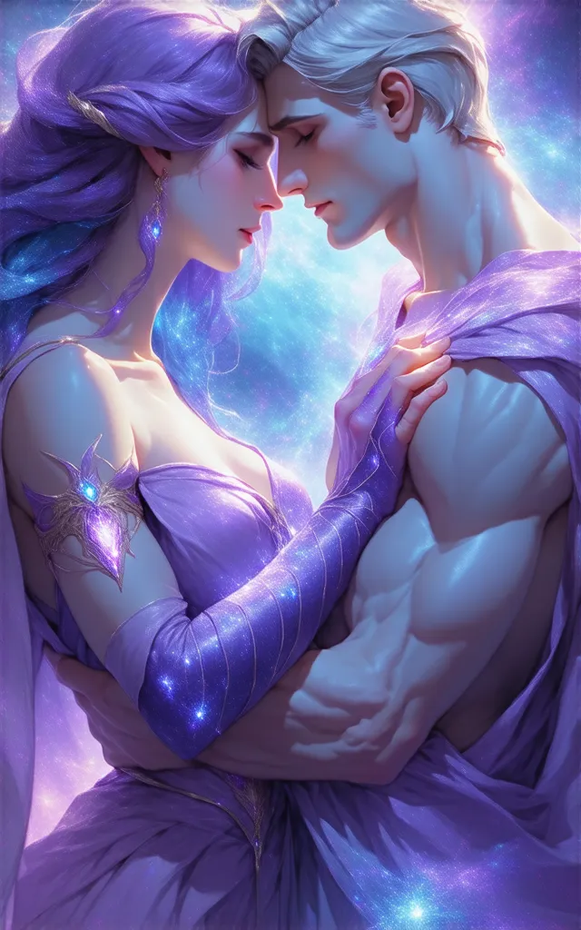 Mythology fantasy,  Aphrodite with purple pink blue hair, Hades with short blond hair sides parting hairstyle distinctive face, Passionate love closely entwined, Greek Vestments, in space 