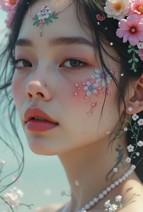 Face of a woman with flower tattoos on her face