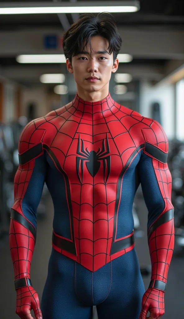 Handsome and sexy Korean ager ager, young, male, looks like Cha Eun-Woo, Wearing Spiderman costume while showing his sixpack abs, muscular, sixpack, young, front view, Korean idol, hot, very muscle, very horny biceps and triceps, photo realistic, realistic...