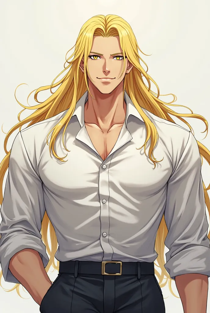 anime male,Big body,long hair,yellow hair,yellow eyes,Dark eyes,Still face,white shirt