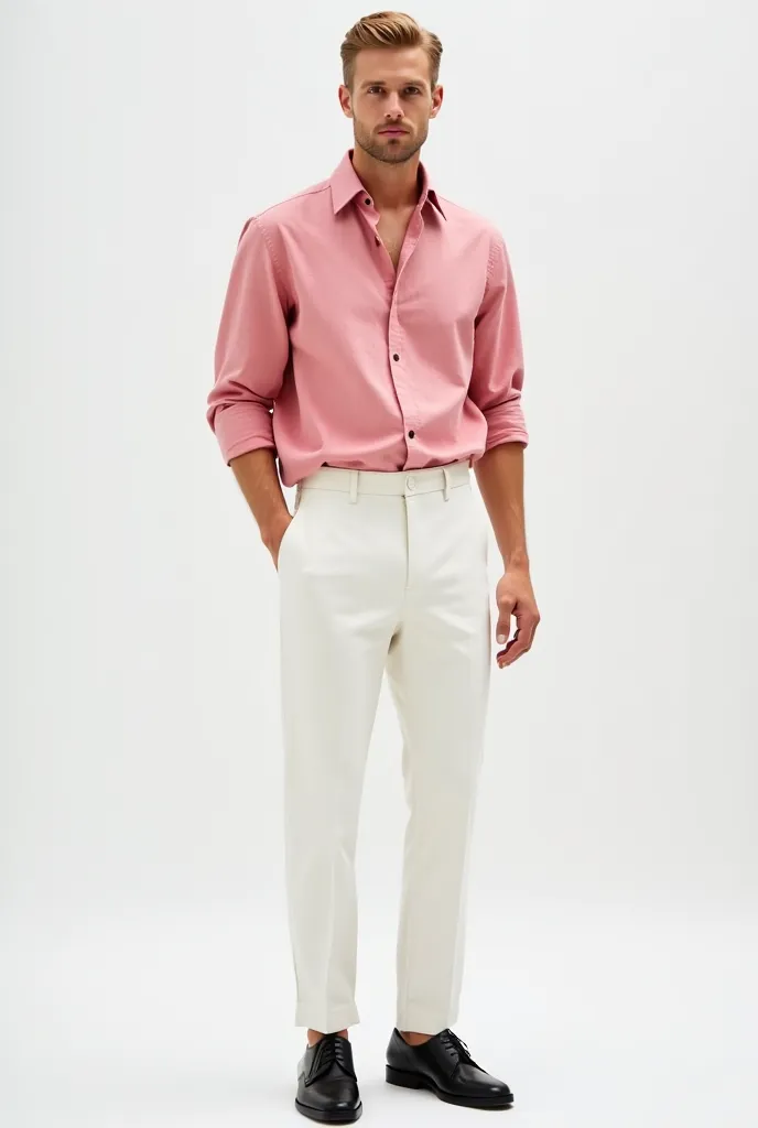 A stylish male model with a confident expression stands against a clean, minimalistic white background. He has slicked-back blonde hair and sharp facial features. He is wearing a relaxed-fit, pink linen button-up shirt with the top few buttons undone, reve...