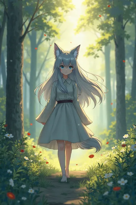 A bright day, a girl is walking through the forest. Sunrays filter through the trees, adding a special kind of beauty. Her silver hair flows gracefully, and her blue eyes shine. She has wolf-like ears and a wolf’s tail. Her kindness and sincerity are clear...