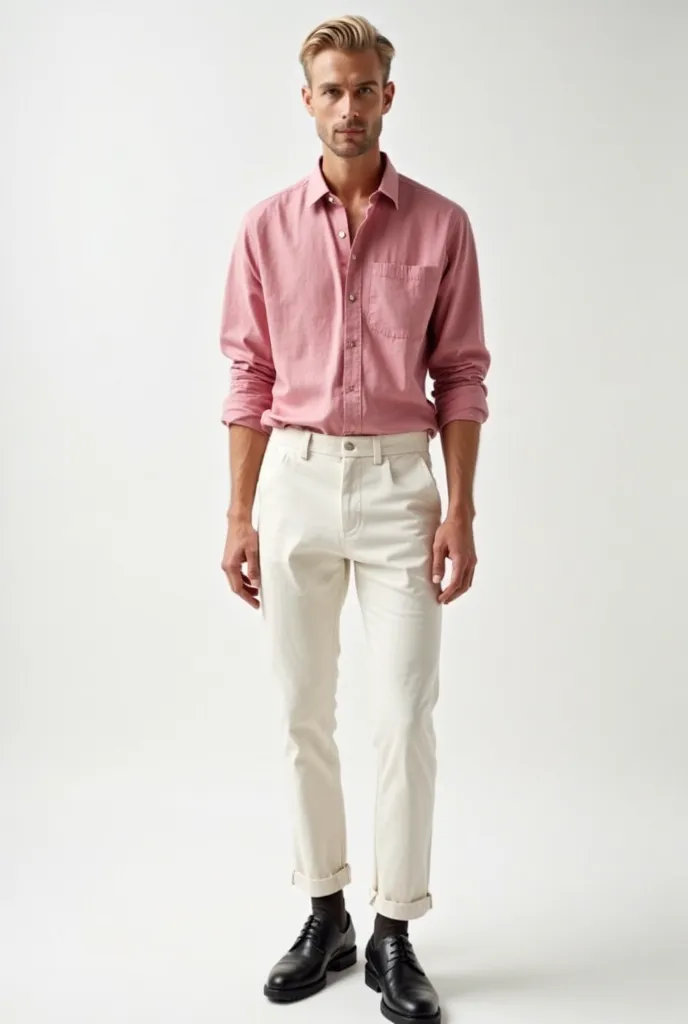 A stylish male model with a confident expression stands against a clean, minimalistic white background. He has slicked-back blonde hair and sharp facial features. He is wearing a relaxed-fit, pink linen button-up shirt with the top few buttons undone, reve...