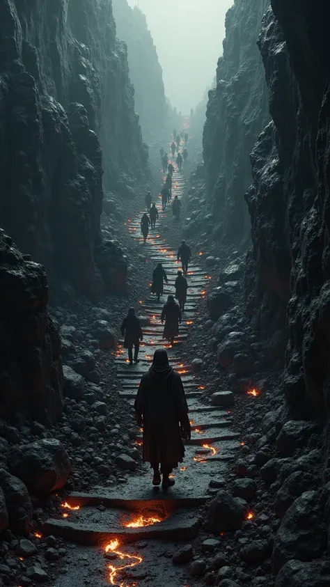 thousands of people in rags, who walk down a black hell staircase, surrounded by rugged rocks and lava down towards a huge black ba,highly detailed,ultra-realistic, Gloomy atmosphere,post-apocalyptic,dystopisch,dramatic,photorealistic,studio lighting,physi...