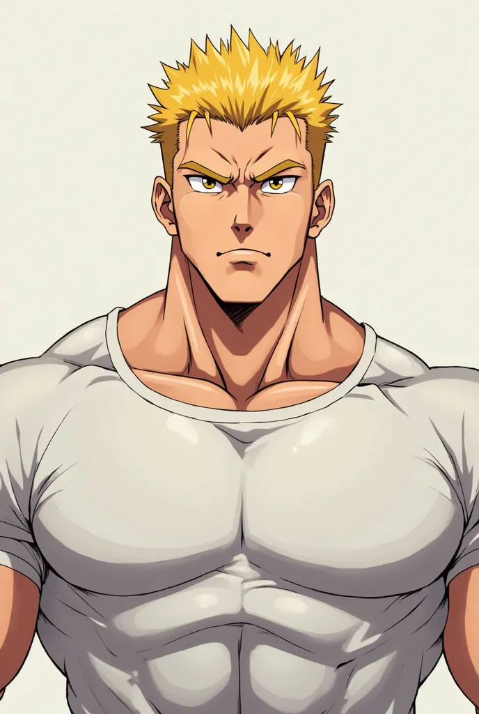 anime male,Big body,short hair,yellow hair,yellow eyes,Dark eyes,Still face,white shirt