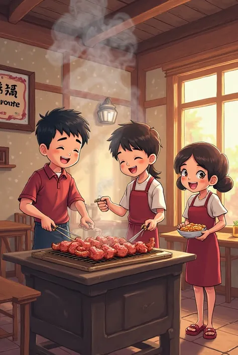 "Create a semi-realistic cartoon illustration of a grilled pork restaurant. The scene includes a charcoal grill with smoke rising, a cozy restaurant setting with wooden tables and chairs, and four siblings working together. The siblings include two older b...