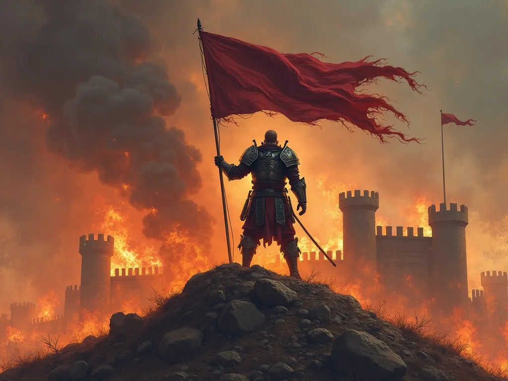 scene of a warrior holding a flag standing on an earthen hill and in front of a burning castle and smoke 
