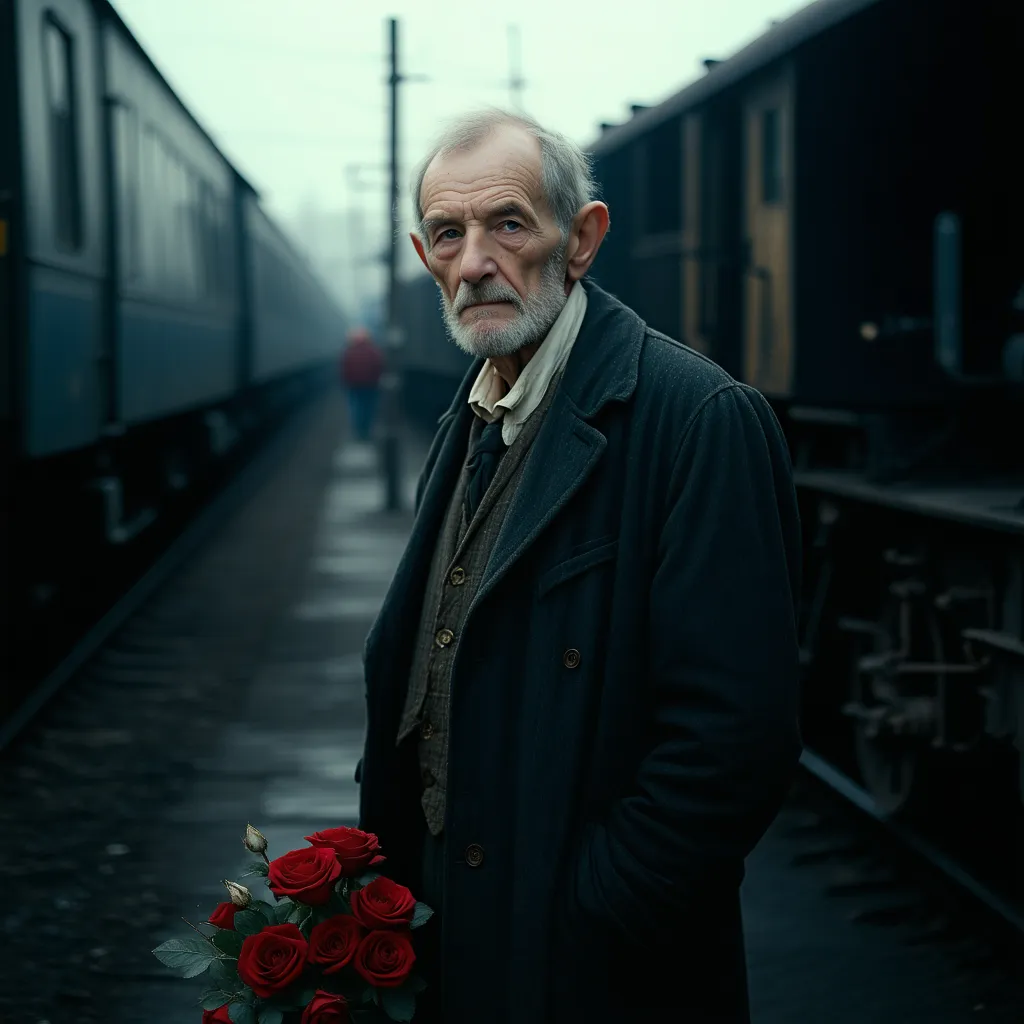 An elderly man in a neat but worn black suit, holding a bouquet of withered roses, standing alone at an old train station at dusk, (hyper-realistic close-up:1.3), (volumetric lighting:1.2), (cinematic atmosphere:1.2), (highly detailed wrinkles and fabric t...