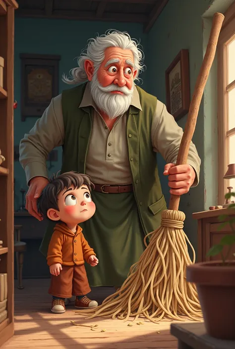 90-year-old grandfather who turns a straw broom backwards, In front of his bewildered grandson