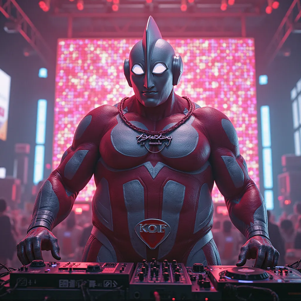 Fat ultraman is being a DJ and wears a necklace with text "KOF"