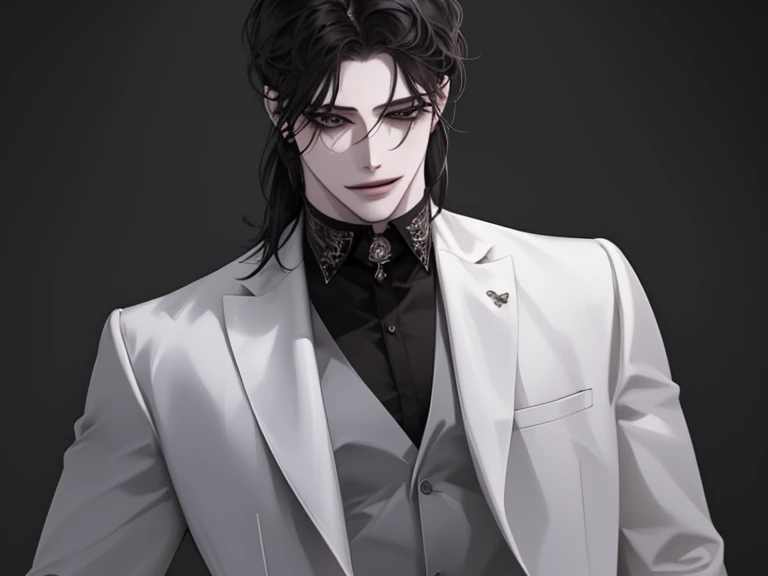 male, solo, adult, pale_skin, fair_skin, muscular, tall, black hair, ((mullet hair)), No decoration, loose shirt, (three-piece suit), black eyes, tsurime, slanted_eyes, formal_gray dress, smile, simple background, illustration, upper_body, front view,