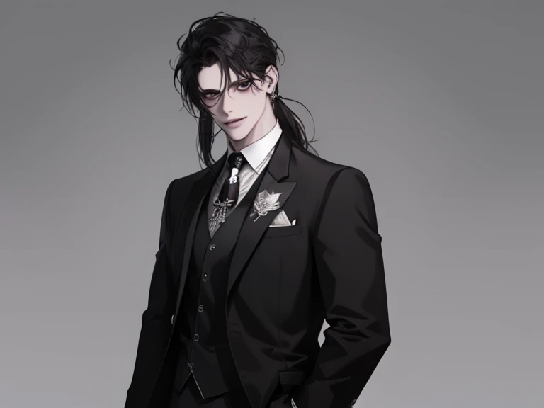 male, solo, adult, pale_skin, fair_skin, muscular, tall, black hair, ((mullet hair)), No decoration, loose shirt, (three-piece suit), black eyes, tsurime, slanted_eyes, formal_gray dress, smile, simple background, illustration, upper_body, front view,