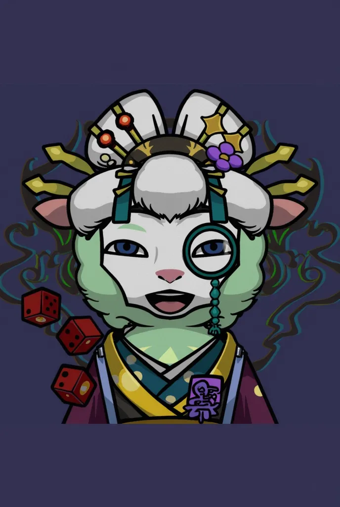 Please make this character of Sheep no Hana Kai a bewitching beauty。Play the casino that appears in the Yakuza movie in the background、Dice in the right hand、Please turn it into Kissel on your left hand。