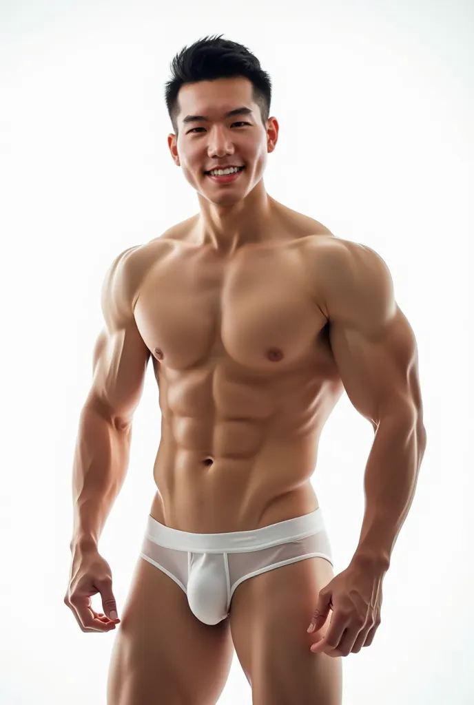 A muscular Asian man with fair skin stands in front of a bright, almost white background. His well-defined physique showcases his toned abs and strong arms. He is wearing tight, sheer white underwear that reveals his skin. The lighting accentuates his body...