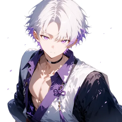 masterpiece, high score, great score, absurdres,
1boy,male focus, upper body,20-yo, クモイエイテル, toned,twink,white hair, side-parted, lilac highlights,purple eyes,avant-garde japanese clothes,black choker,open collar shirt,purple collar accent,white background...