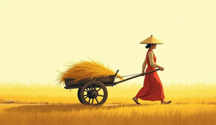 cartoon pencil ,  hot air, A Vietnamese man is dragging a large cart full of rice., a Vietnamese woman with a cart in the back, They walk barefoot on a small street, A woman wearing a North Vietnamese style 'sleeping' dress, on a yellow field background,  ...