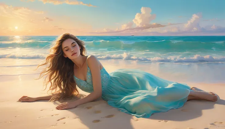 "A breathtaking scene of a young woman lying on a pristine, golden-sand beach. The turquoise waves gently touch the shore, and the sky is painted in soft pastel hues of sunset. The girl, with flowing hair and a peaceful expression, wears a light summer dre...