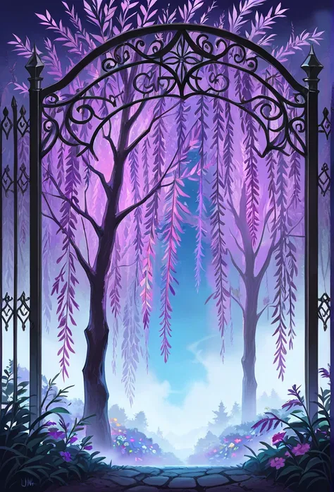 
(Masterpiece, best quality), intricate details, JK.highly detailed, intricate details, tombstones, willow tree canopy, iron gate covered in ivy, iron fence, tall weeds, colorful flowers, purple willow tree, night, mist, fog, no humans,