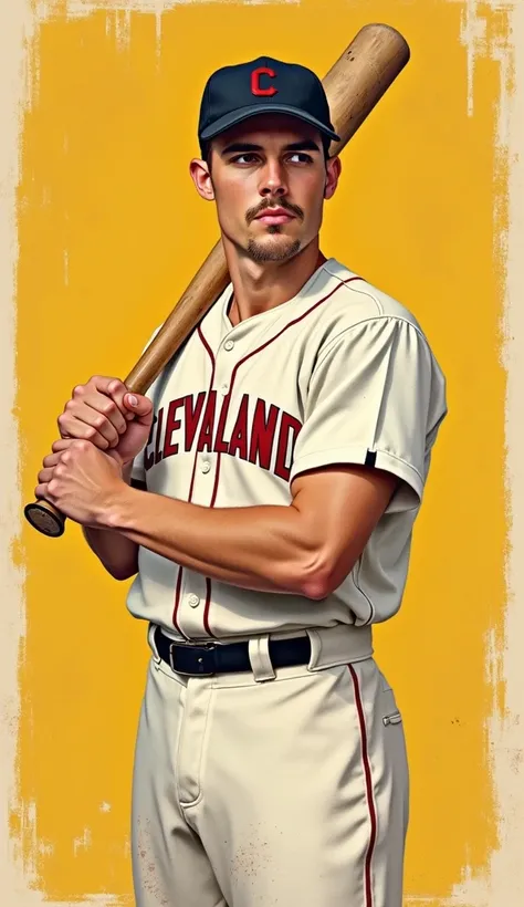 A vintage-style illustrated baseball player in a classic early 20th-century uniform, standing in a straight, balanced batting stance for easy face swapping. The uniform is crisp white with slightly wrinkled fabric, featuring "CLEVELAND" in bold, red capita...