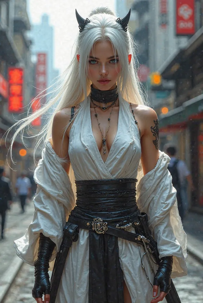 a woman with long white hair in a kitana costume without a cyberpunk mask is standing on the road full length