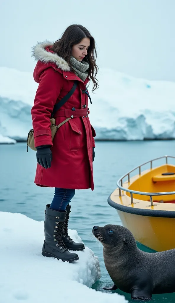 The **small yellow boat** now floats closer, gently bumping against the edge of the ice. **Lina, a young woman with dark brown, wavy hair and deep green eyes**, stands at the boat’s edge, gripping the side. She wears a **long red coat with white fur lining...