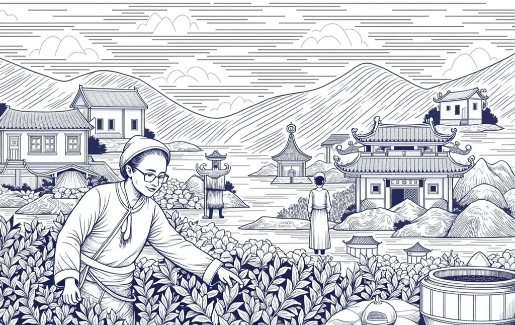 tea garden line art illustration，There is a Chinese-style building in the distance，There is a Chinese-style building in the distance of the Terraced Mountains，A tea picker is required to work，There is only one person on the screen， Clear lines ， Clean pict...