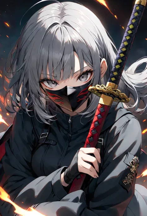 A gray-haired girl wearing a mask holds a sword,