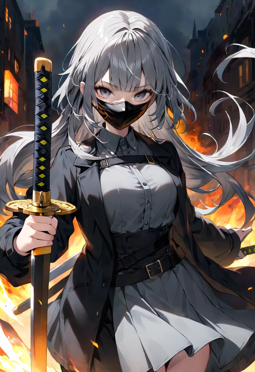 A gray-haired girl wearing a mask holds a sword,