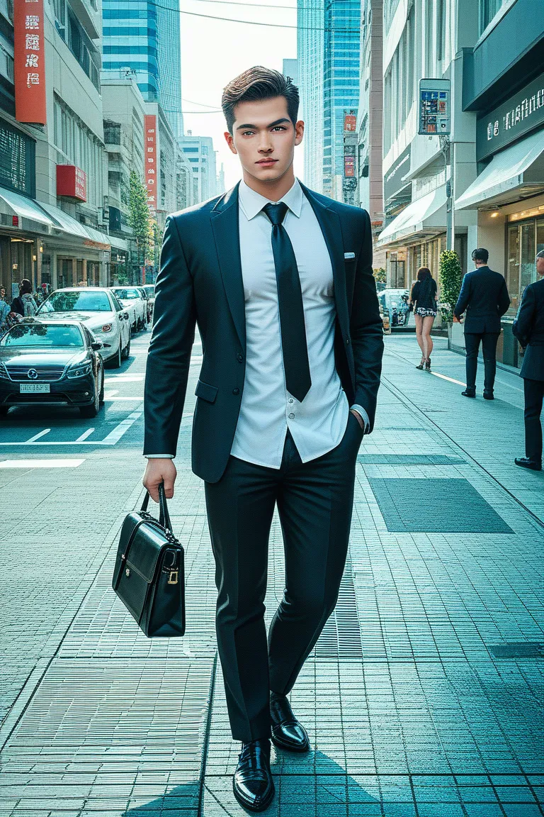 a japanese man,tall,slender,black hair,dress shirt,tie,leather shoes,slacks,suits,holding a leather bag,standing on the street,