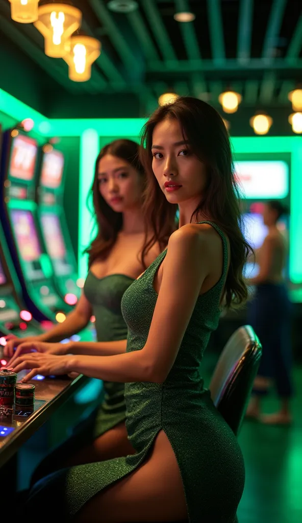 Gaming，Roulette，slot，sport background，black and green pictures，beauties，Sexy， wearing a dress，77Luck's name on the dress