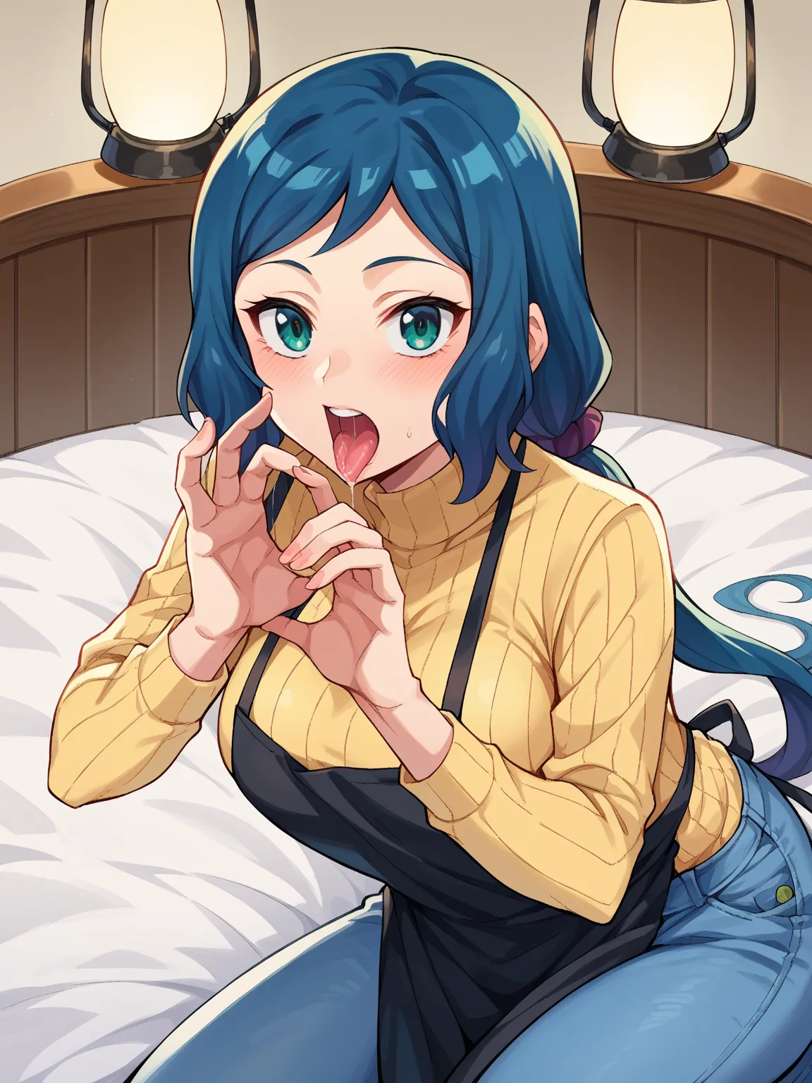  score_9,  score_8_up,  score_7_up,  source_anime,
Iori Rinko  ,  Iori Rinko ,  Lantern, blue eyes, side lock,
apron,  denim , jeans, long hair,   pants, ponytail, I'm looking at ribbed viewers, , on the bed　reflect the whole body　dye your cheeks red　open ...