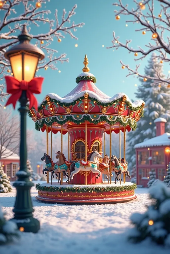 A carousel in the middle of the park,snow around, Christmas decorations everywhere,lamp with a red bow,focus in the carousel 