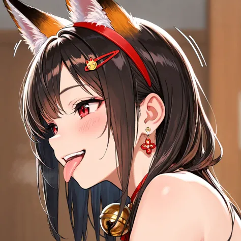 1girl, Long Hair, High Resolution, Blush, Smile, Brown Hair, Black Hair, Short Hair, Red Eyes, Jewelry, Hairband, Earrings, Teeth, Tongue, Hair Clip, Tongue Out, Fox Ears, From Side, Blurry, Bell, Motion Lines, Masterpiece, Accurate, Best Quality, Anatomic...