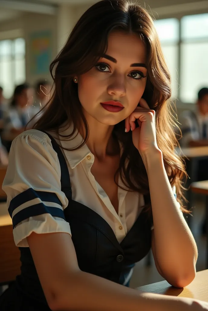 (masterpiece, best_quality:1.2), 1girl, solo, cute, huge_breasts:1.4, school_girl_outfit:1.5, detailed eyes, detailed lips, long eyelashes, beautiful, elegant, serene expression, intricate details, photorealistic, studio lighting, vivid colors, realistic, ...