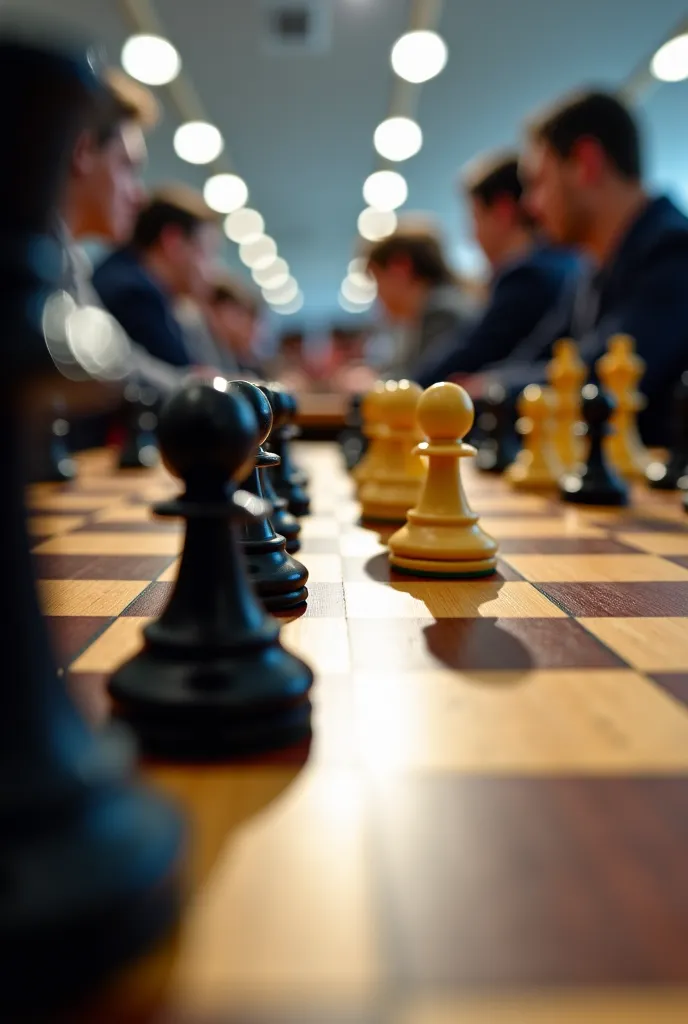 Chess game, pieces moved , black and white, no people, pov picture, local chess tournament, not close up