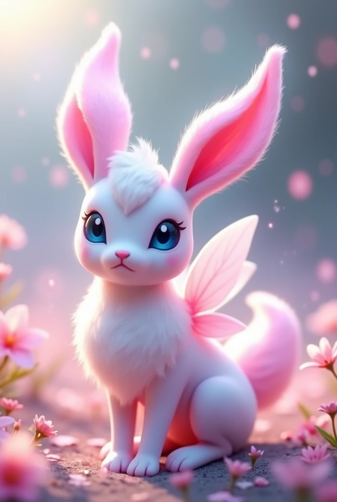 A hyper-realistic 3D render of Sylveon, a magical fairy-like creature from the Pokémon series, elegant and ethereal, with soft pastel pink and white tones, large blue eyes, and ribbons flowing gracefully in the air, highly detailed textures, soft lighting,...