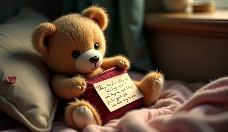 As for the handwritten note  , ,  Teddy kept it in a small velvet bag .