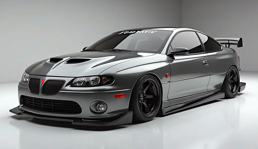 create an ultra-detailed 3D render ( left side )of a moder ( 1999 Pontiac GTO )with a bold designy  looking long like limousine captured from ( left side ) The car should feature a 'Gleamy oily ( gray )' color and black accents with ( Pontiac GTO ) on its ...