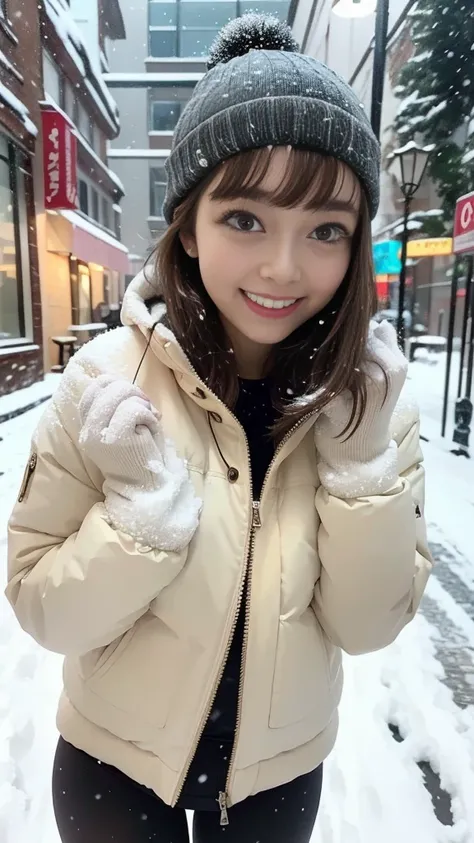 layer skirt:1.3、flight down jacket、Knitted hat、Street lights on a snowy night、On the snow、(( Snow Falling on My Body and Clothes :1.3、It's snowing:1.3))、 gloves、tights、Greatest Masterpiece:1.3、Best Quality、Raw photo quality、16k、super detailed depiction pow...