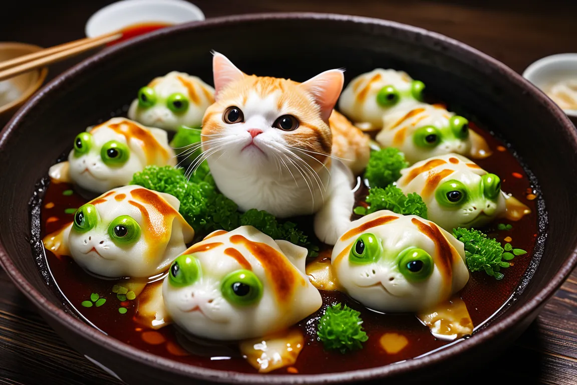 Cat gyoza shop。red brown white cat steaming gyoza mixed with the filling。There is a frog inside、kittens cut the frog on the back、I'm mixing it with the contents。creepy雰囲気。dark vibe　creepy　 real 　full of frogs　Sticky