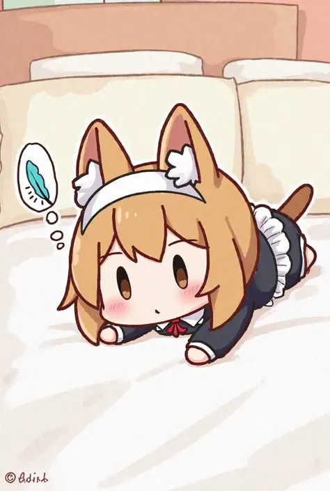 Hello there. I'd like a work created of my character chibi Mocha in this cute style with similar level of detail and similar pose. I want them to be wearing a maid outfit and laying at the end of a bed with bedroom background, perhaps just some pillows and...